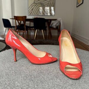 Prada Peep Toe Patent Leather Pumps - Coral Orange Shoes - Size 40